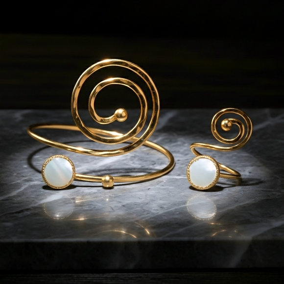 🆕️Stunning Luxurious Turkish Artisan 18K Gold Plated Spiral Ring Bracelet Set - Picture 9 of 9